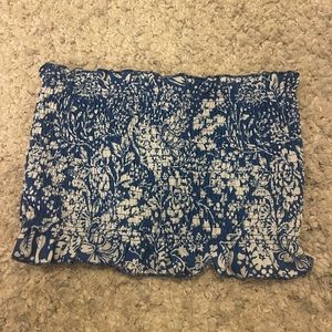 blue and white floral strapless top